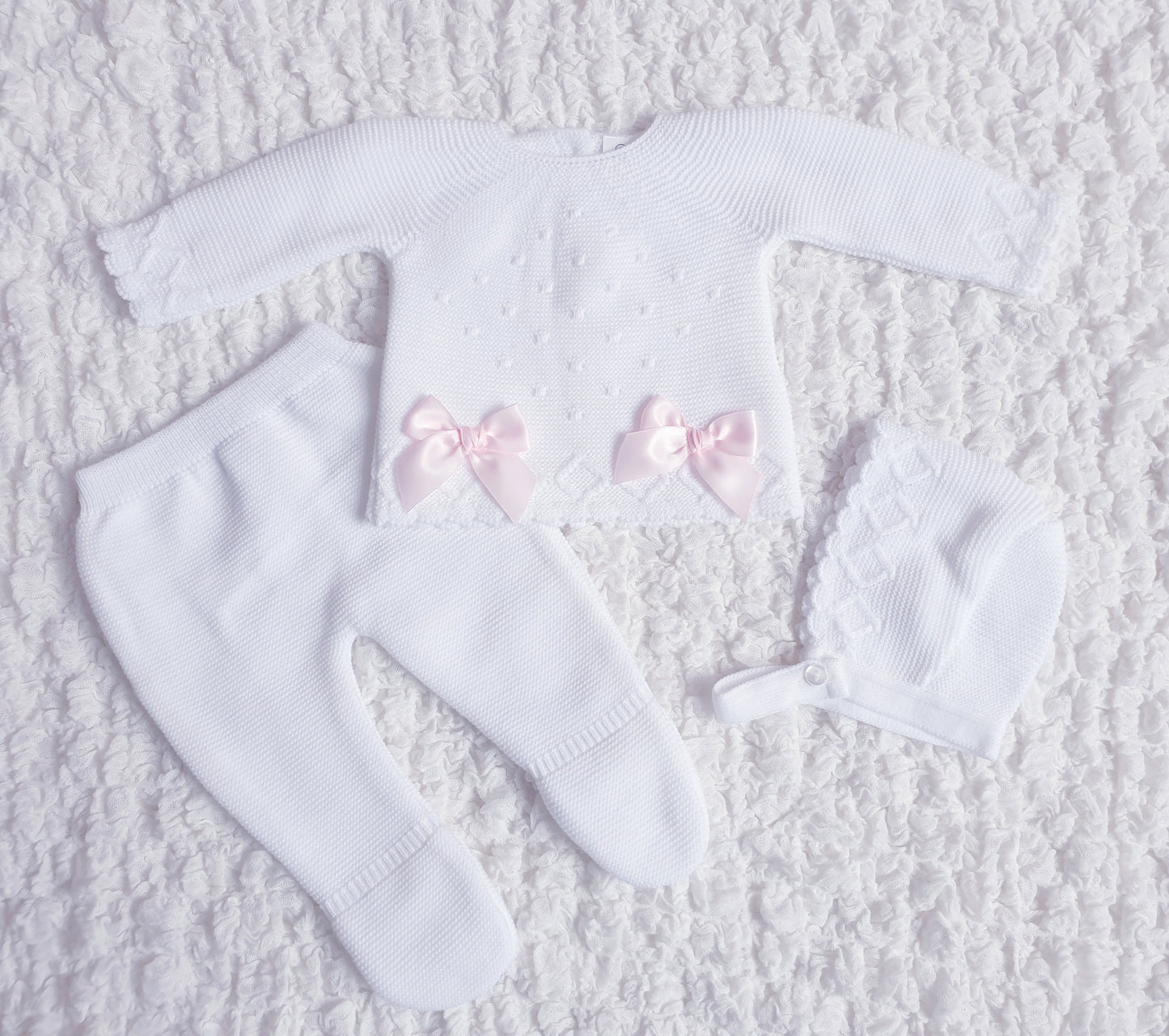 Baby Girls White Pink Double Bow Knitted Set