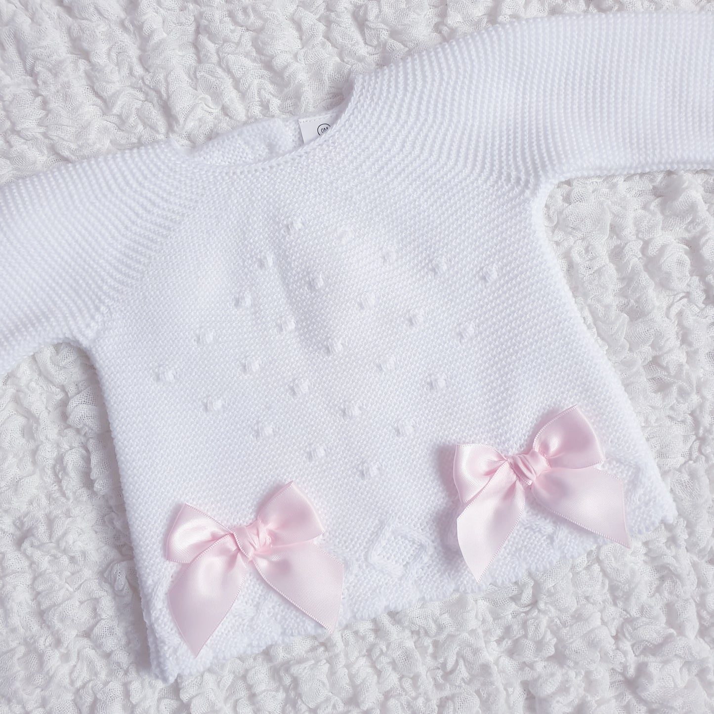 Baby Girls White Pink Double Bow Knitted Set