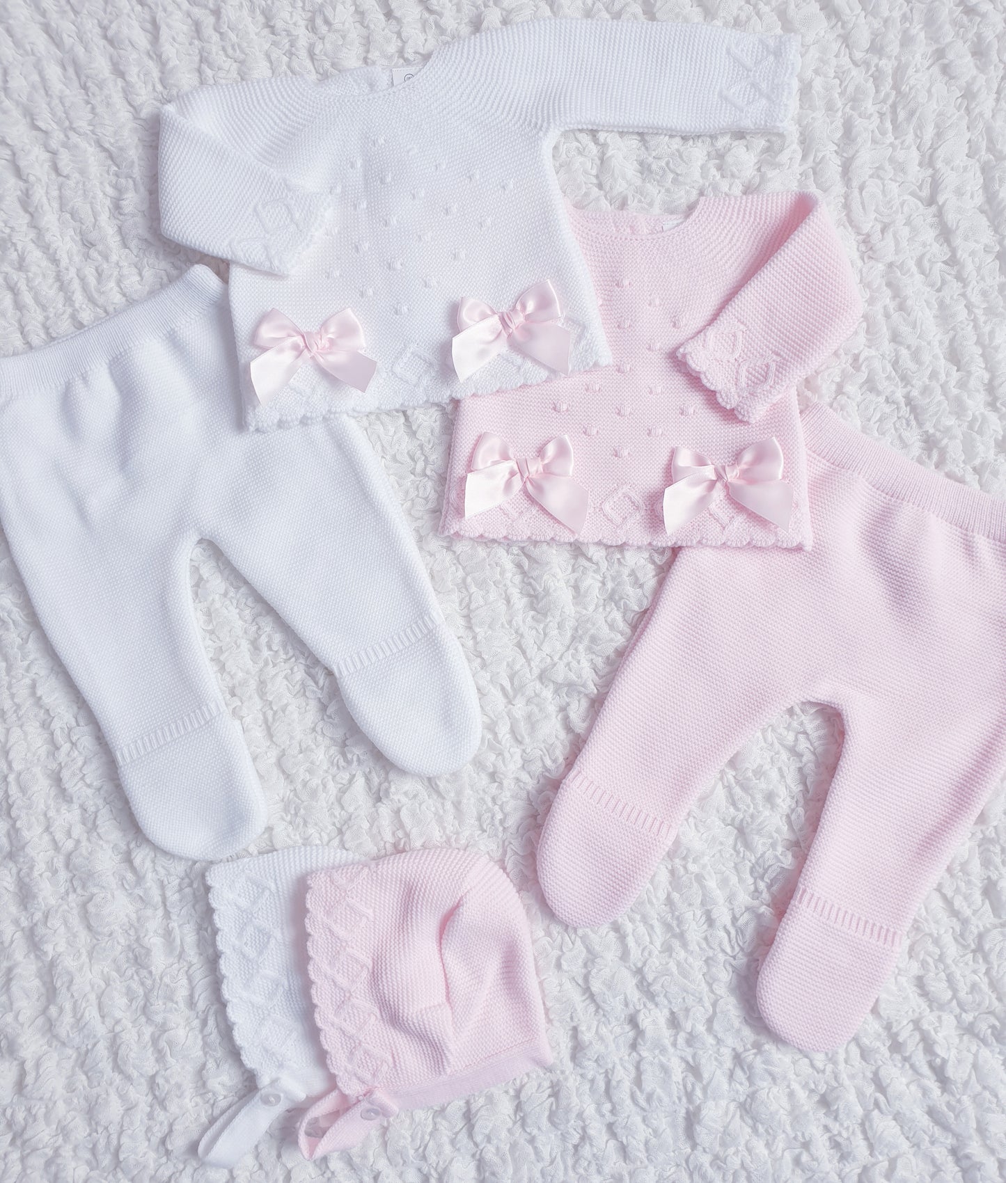 Baby Girls White Pink Double Bow Knitted Set