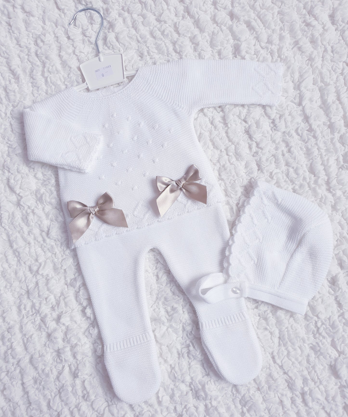 Baby Girls White Beige Double Bow Knitted Set