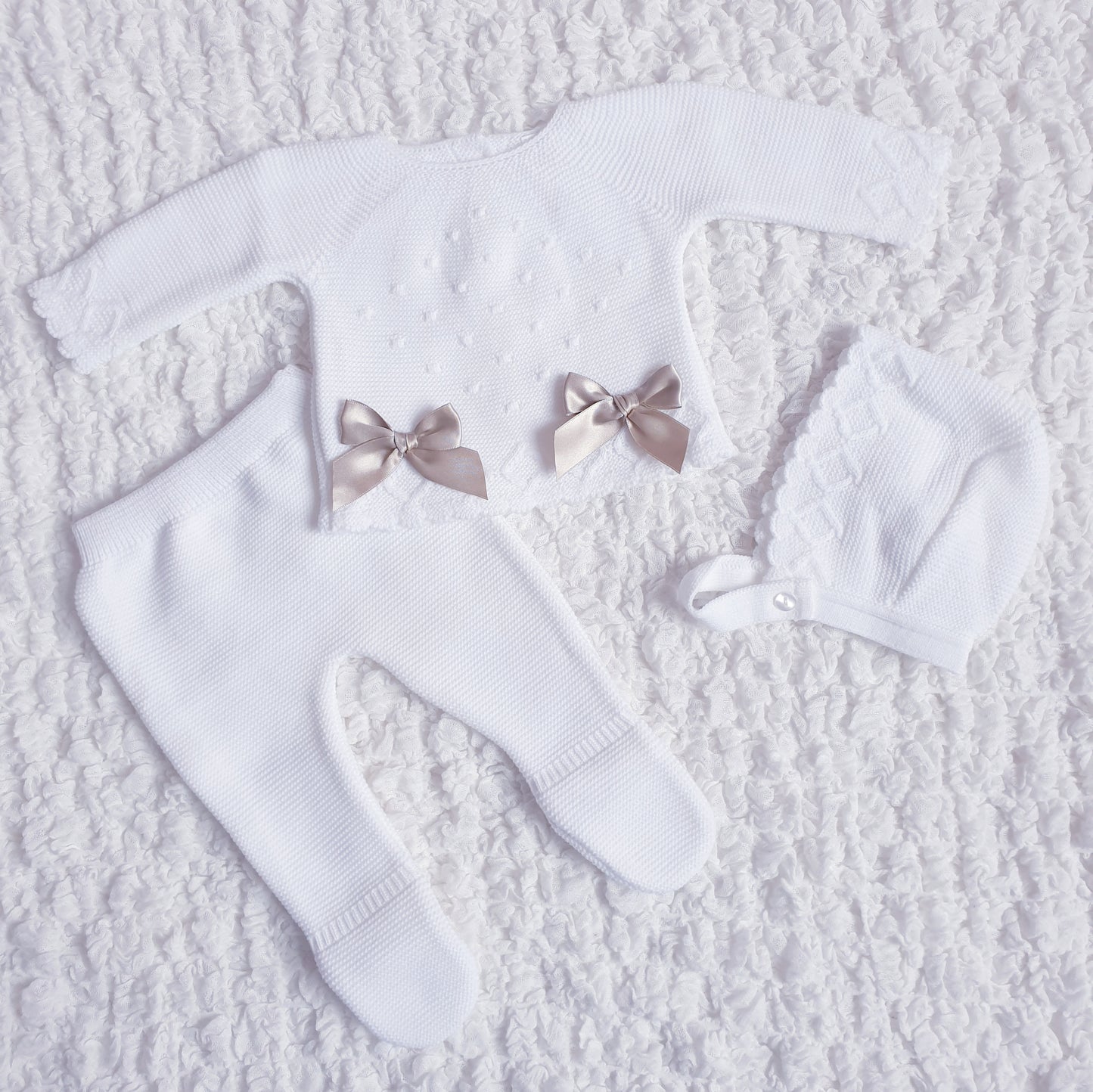 Baby Girls White Beige Double Bow Knitted Set