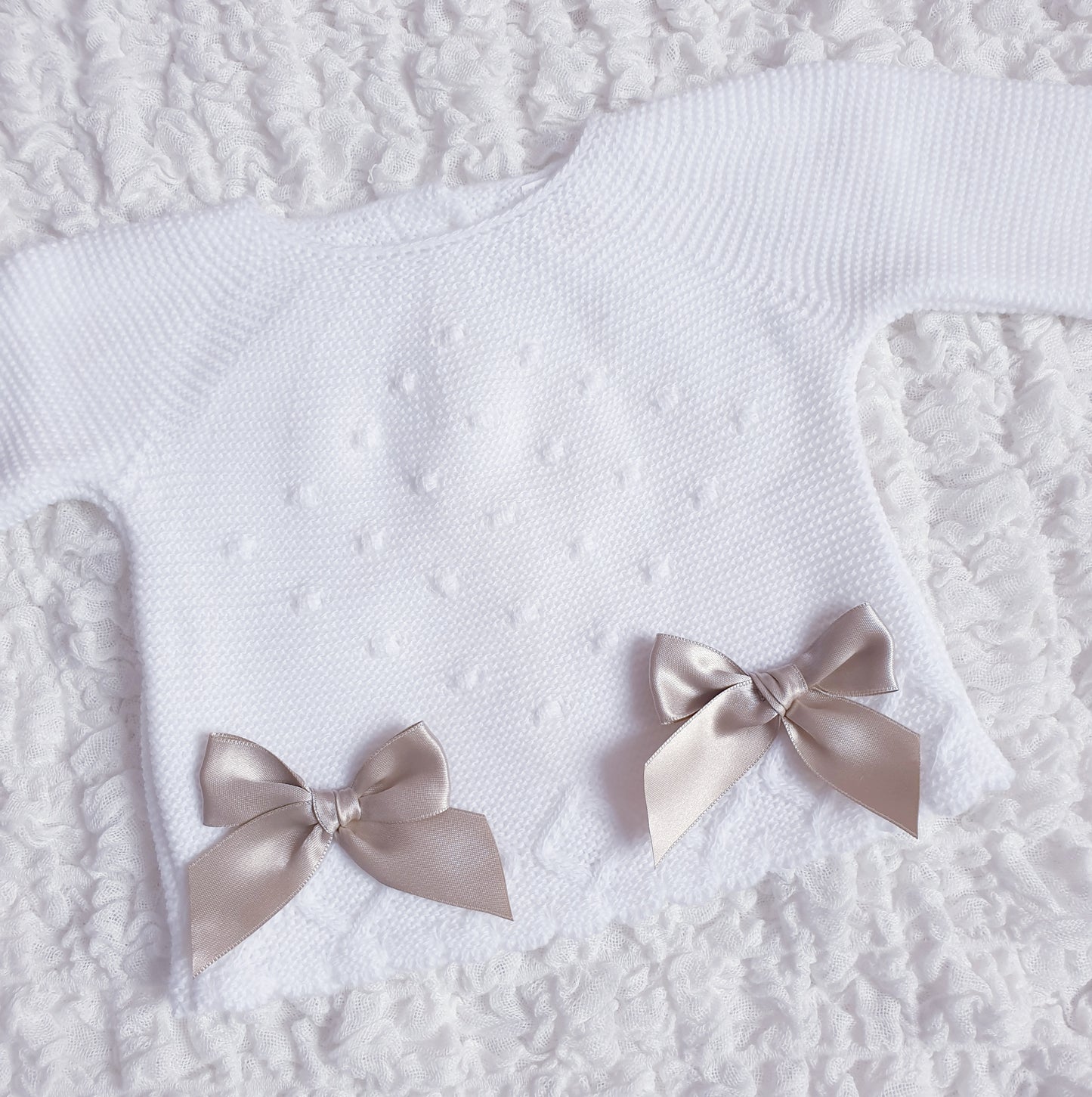 Baby Girls White Beige Double Bow Knitted Set