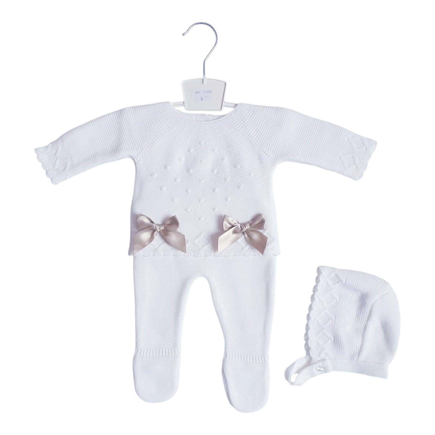 Baby Girls White Beige Double Bow Knitted Set