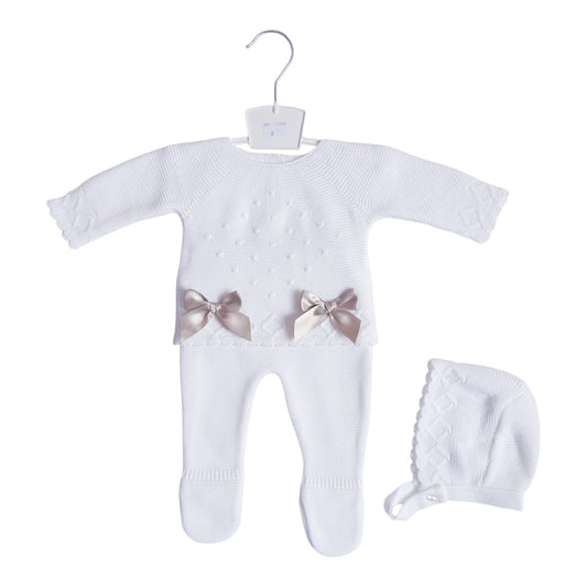 Baby Girls White Beige Double Bow Knitted Set