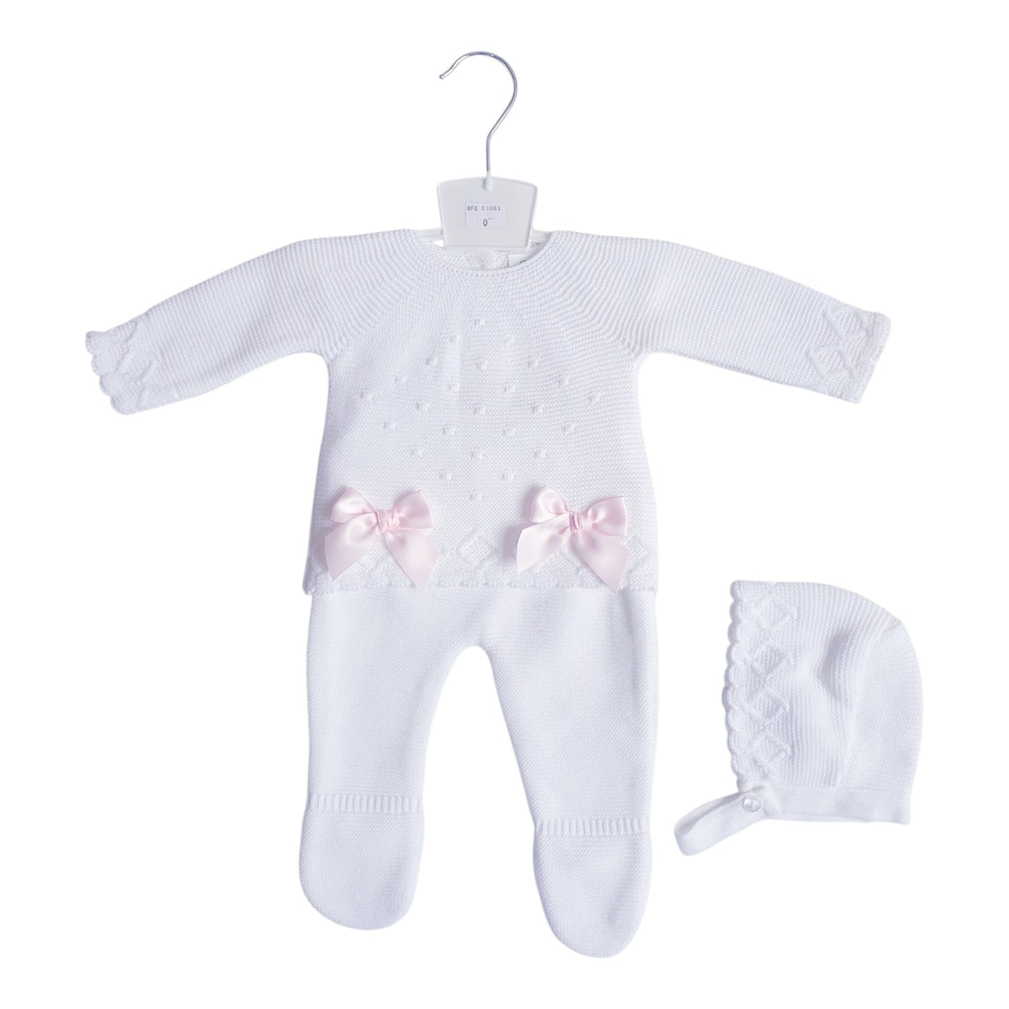 Baby Girls White Pink Double Bow Knitted Set