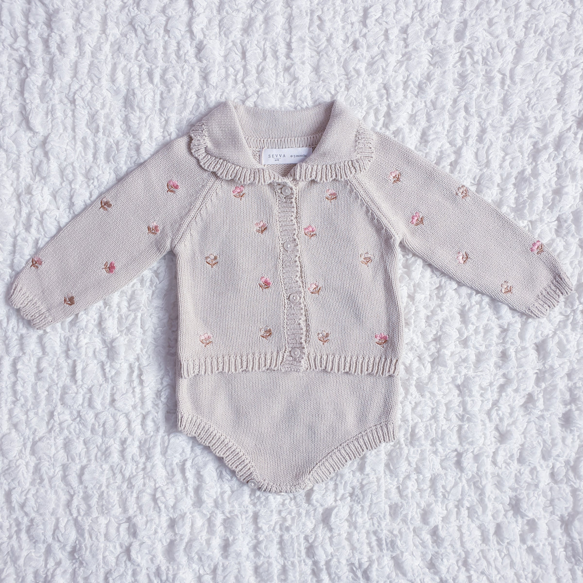Baby Girls Beige Floral Knitted Cardigan Set