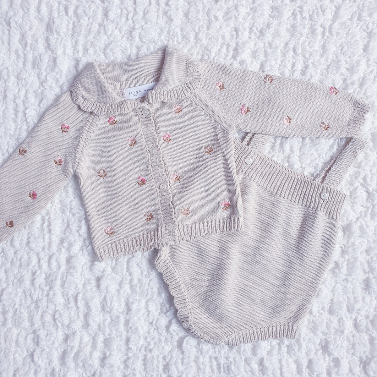 Baby Girls Beige Floral Knitted Cardigan Set