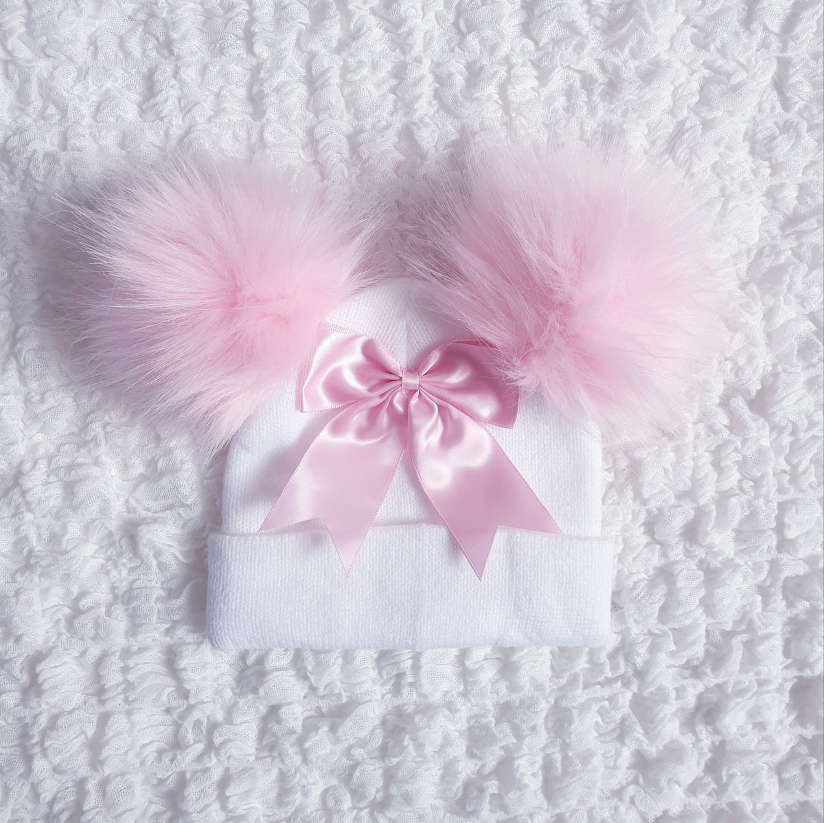Baby Girls Pink Bow Double Pom Pom Hat