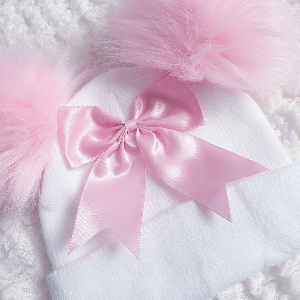 Baby Girls Pink Bow Double Pom Pom Hat