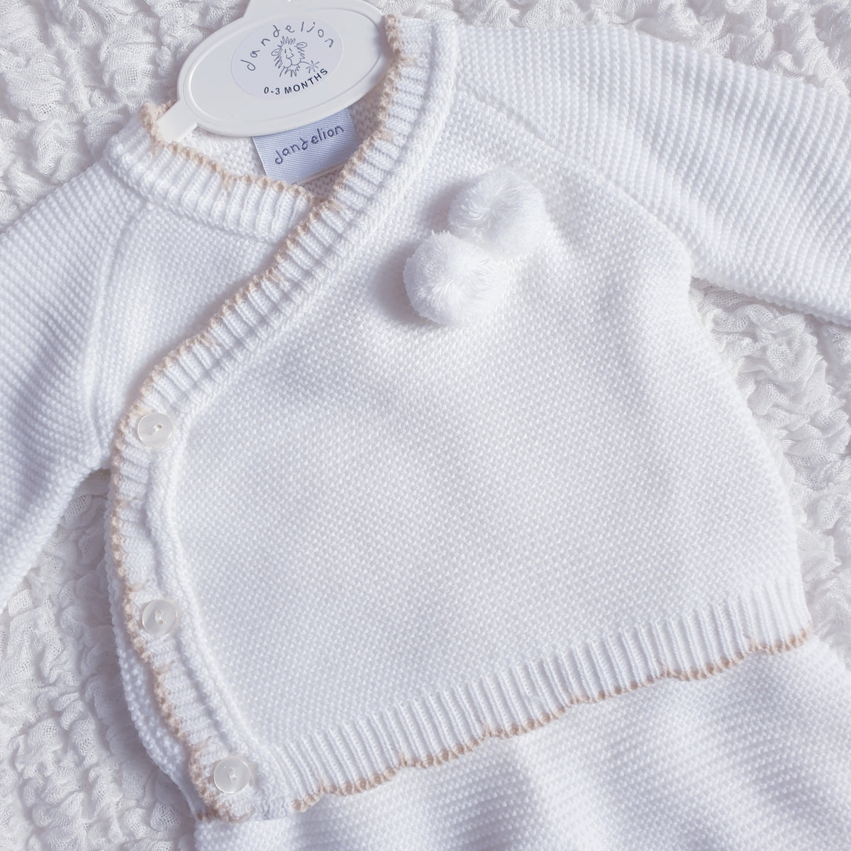 Baby White Knitted Pom Pom Wrap Cardigan & Leggings