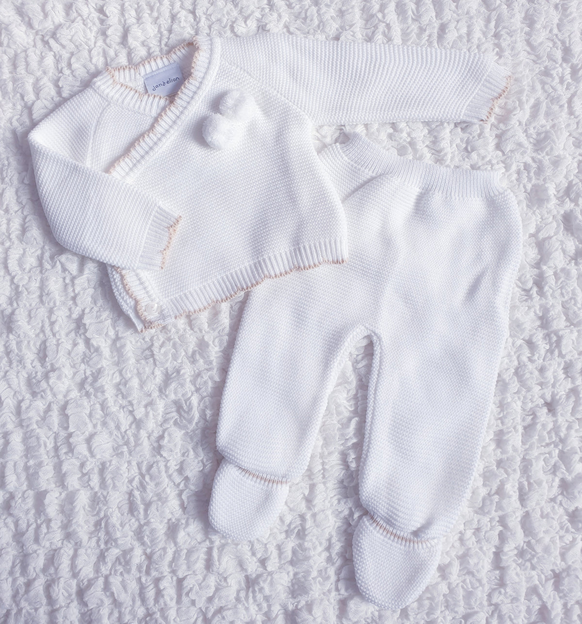 Baby White Knitted Pom Pom Wrap Cardigan & Leggings