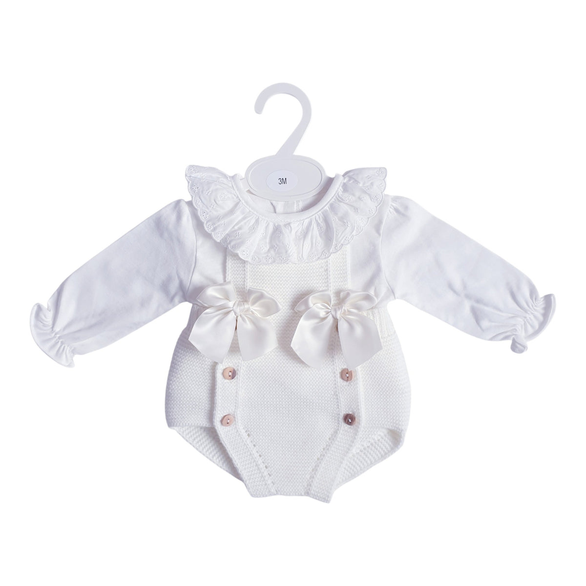 Baby Girls Cream Knitted Double Bow Romper