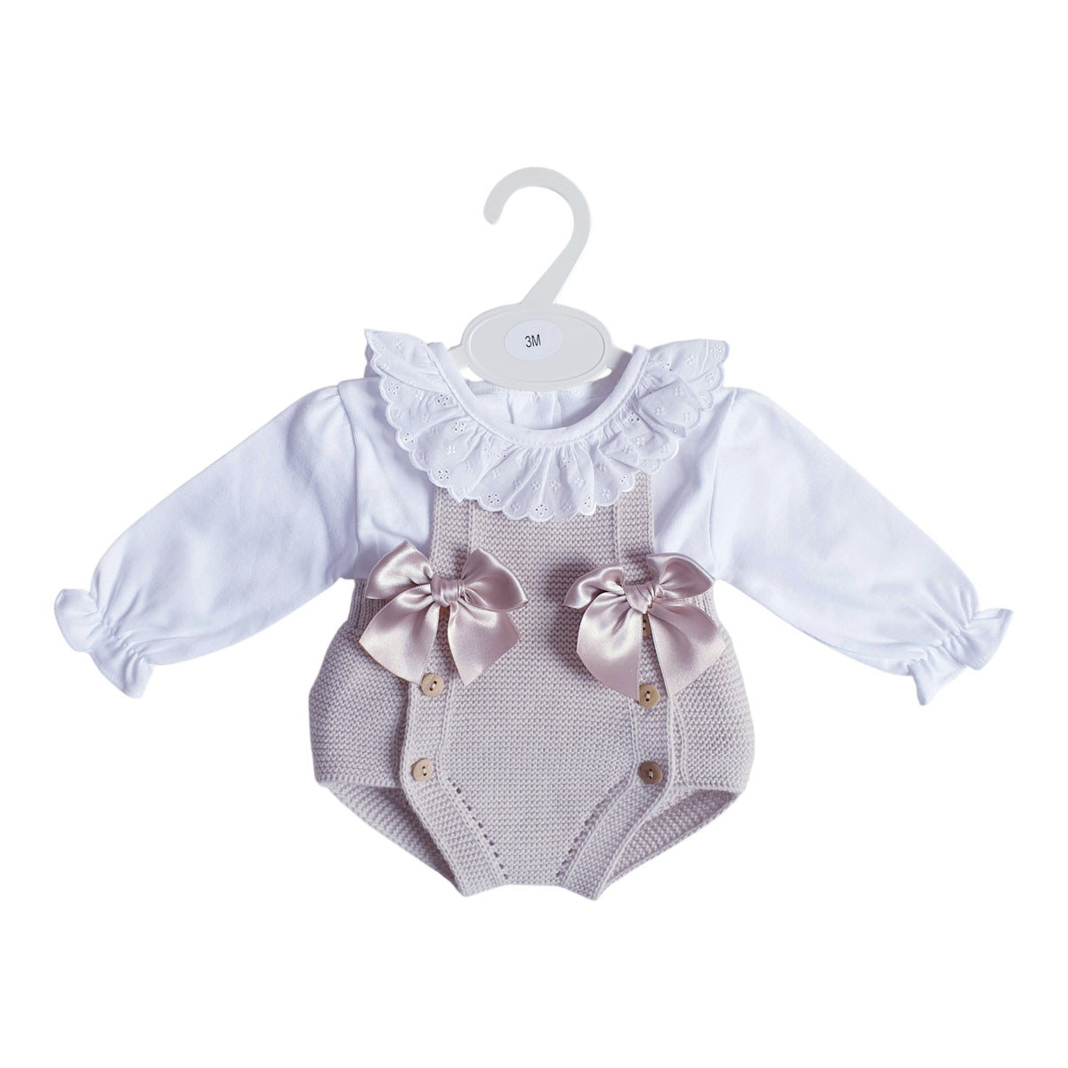 Baby Girls Beige Knitted Double Bow Romper