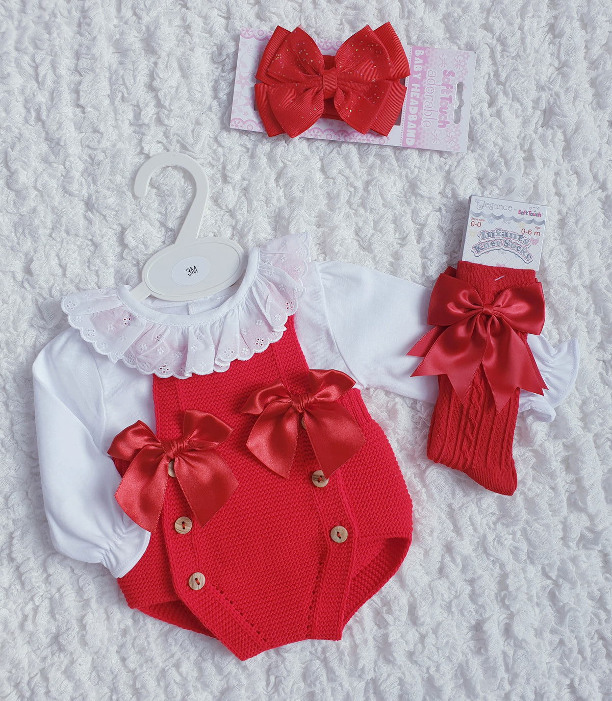 Baby Girls Red Knitted Double Bow Romper