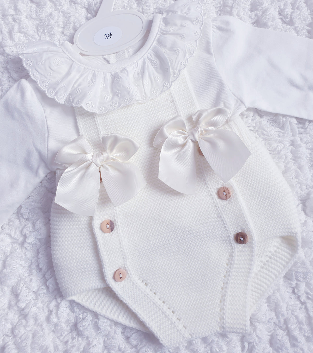 Baby Girls Cream Knitted Double Bow Romper