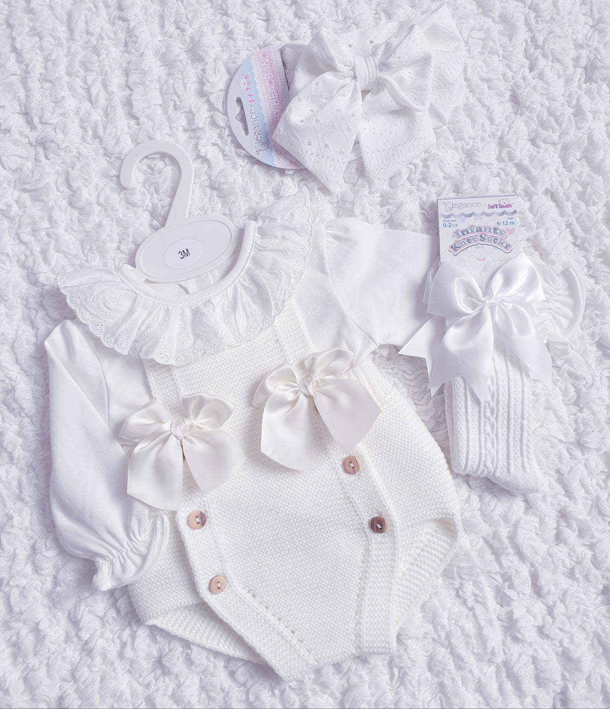 Baby Girls Cream Knitted Double Bow Romper