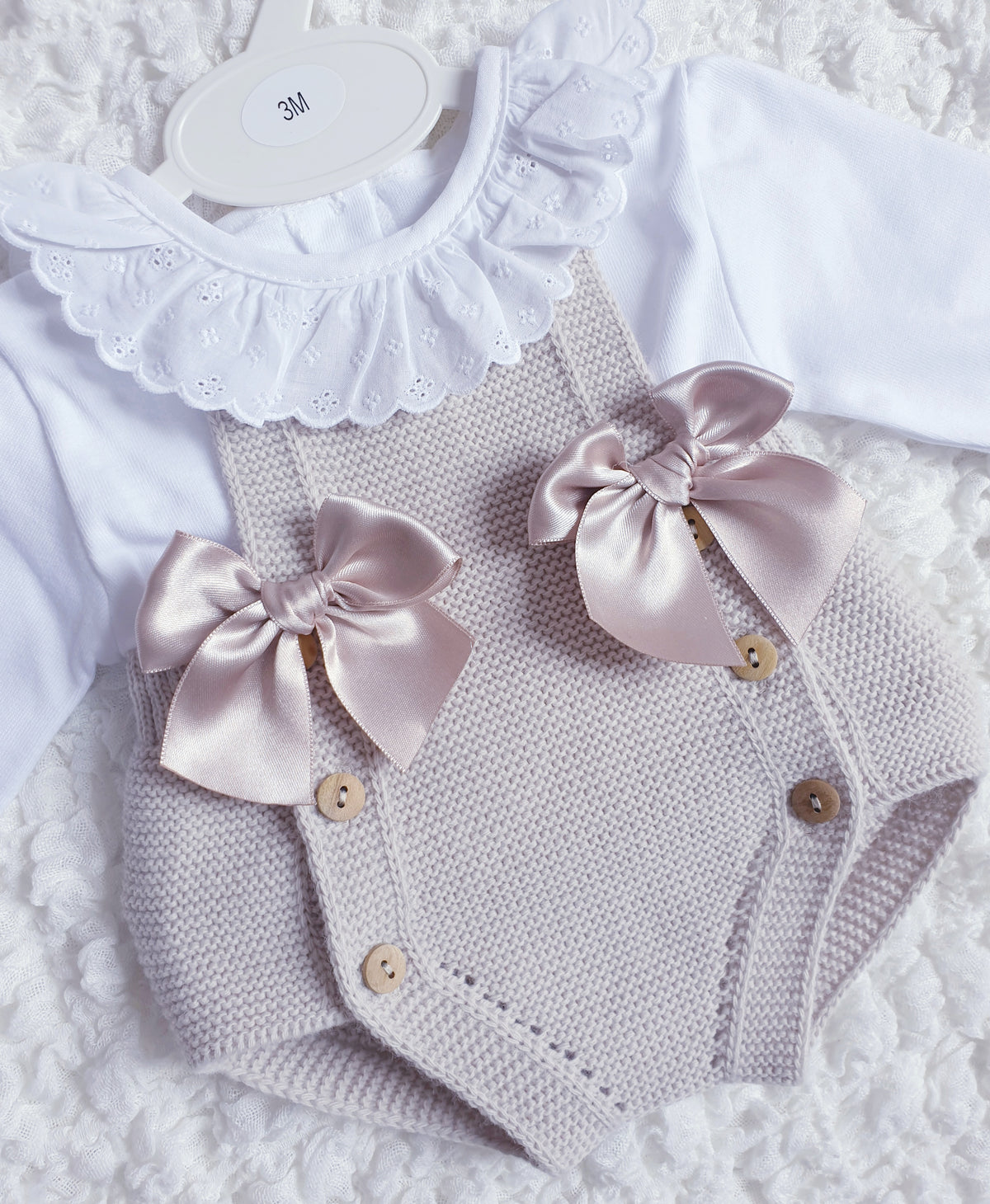 Baby Girls Beige Knitted Double Bow Romper