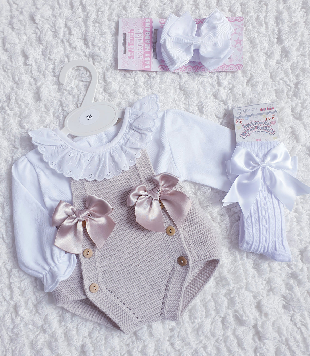 Baby Girls Beige Knitted Double Bow Romper