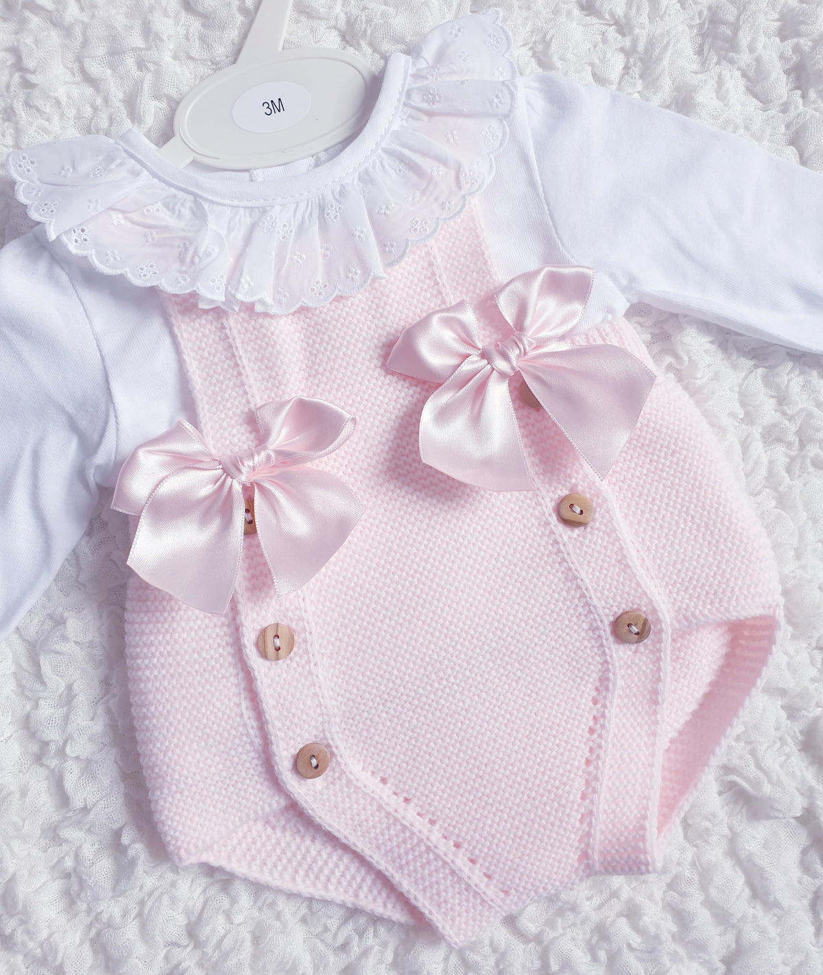 Baby Girls Pink Knitted Double Bow Romper