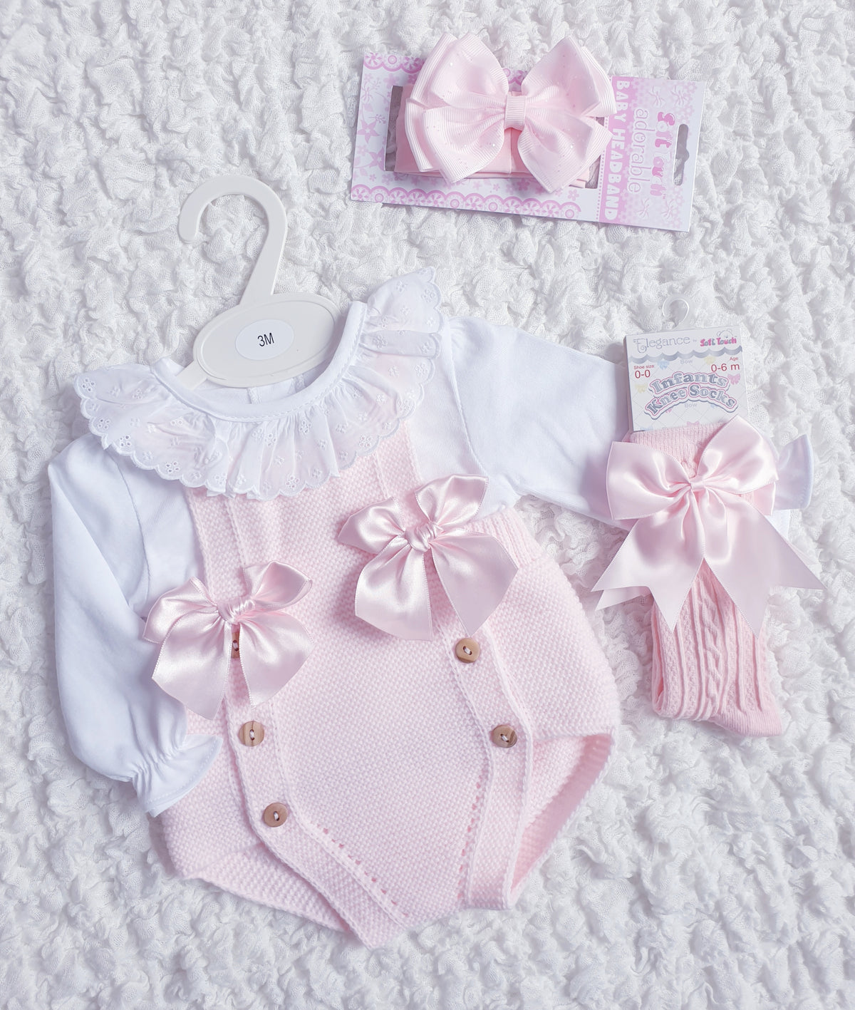 Baby Girls Pink Knitted Double Bow Romper