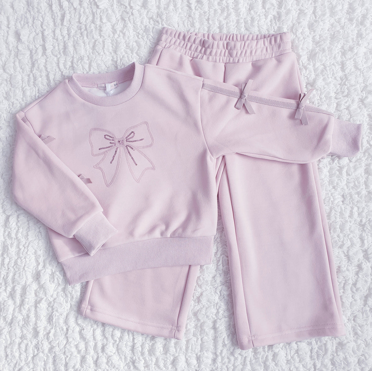 Girls Pink Bow Sweatshirt & Wide Leg Trouser Set