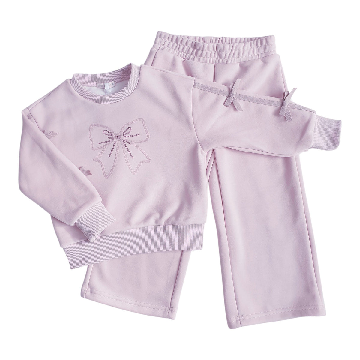 Girls Pink Bow Sweatshirt & Wide Leg Trouser Set