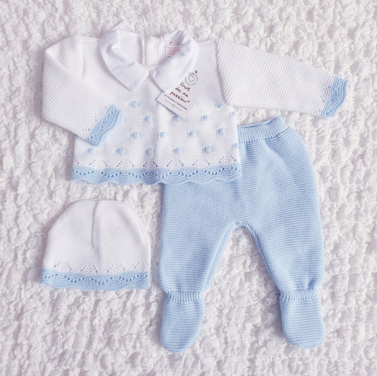 Baby Boys Spanish White/Blue Knitted 3 Piece Box Set