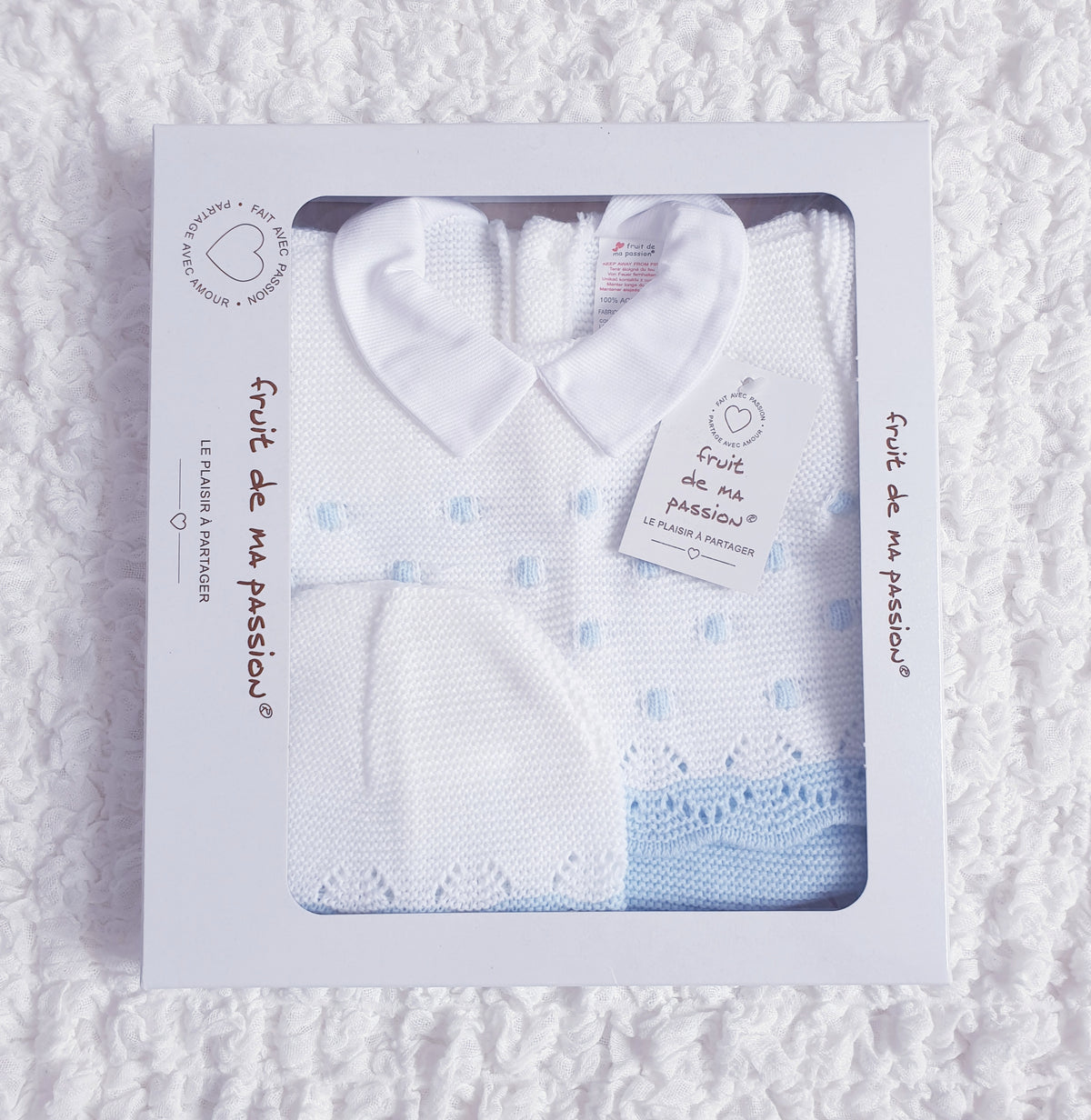 Baby Boys Spanish White/Blue Knitted 3 Piece Box Set