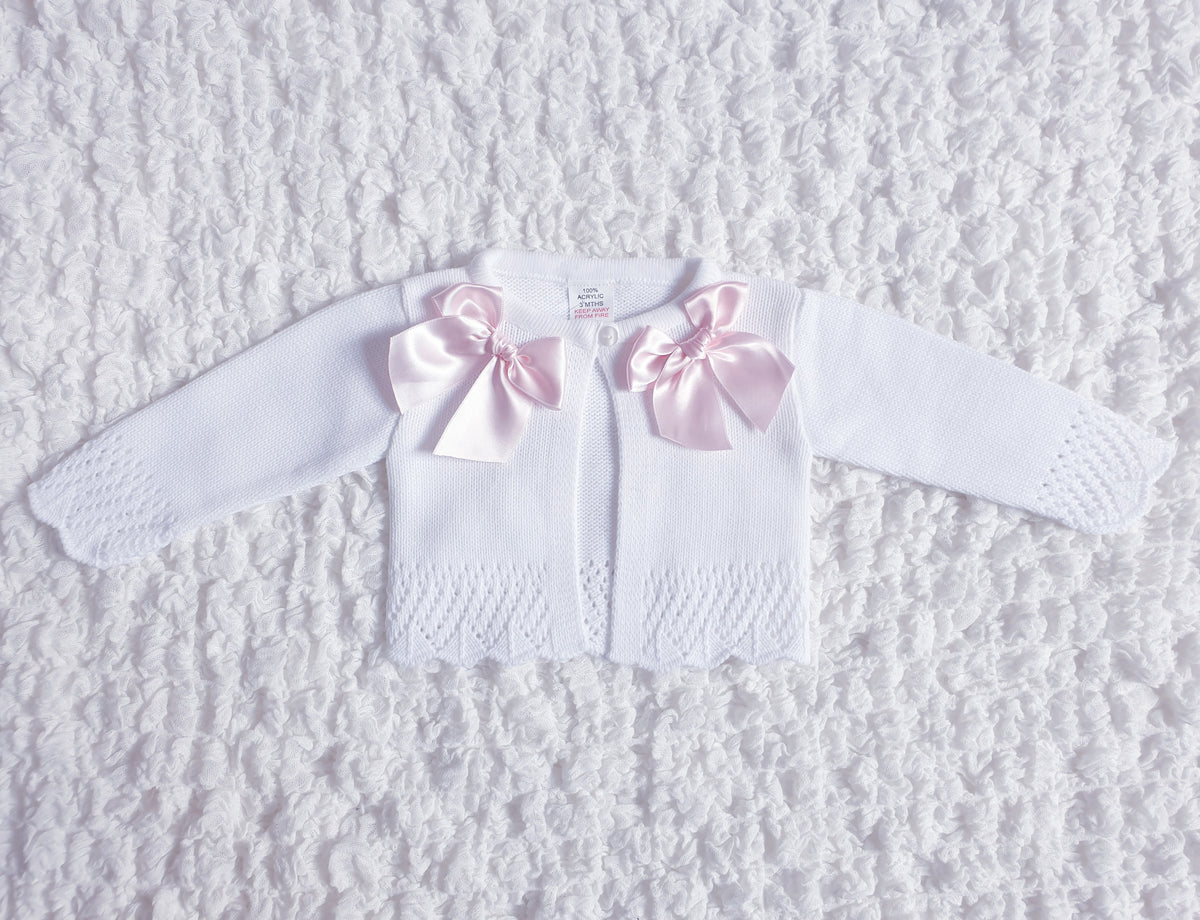 Baby Girls White Double Pink Bow Cardigan