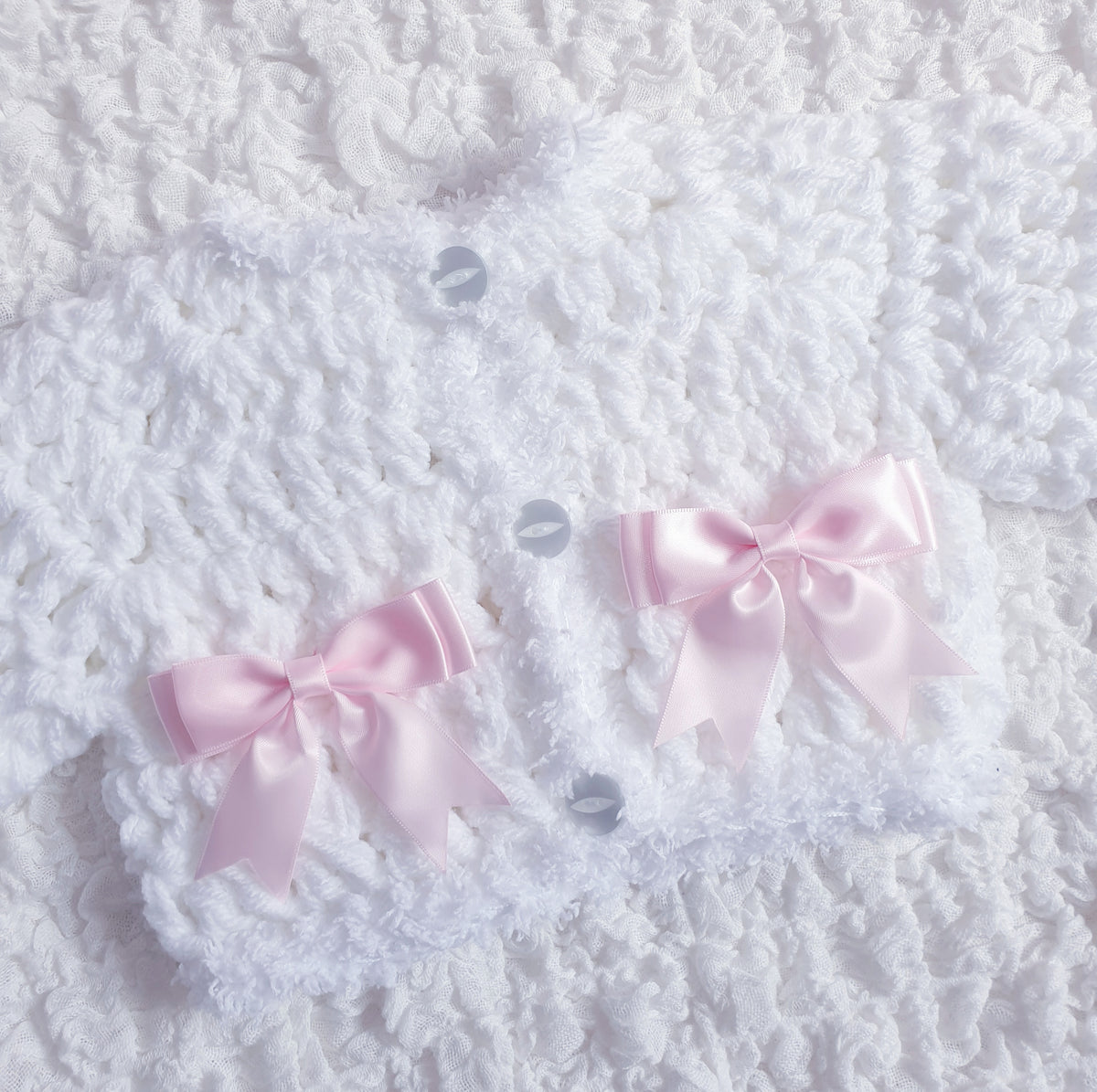 Baby Girls White Pink Bow Hand Knitted Cardigan