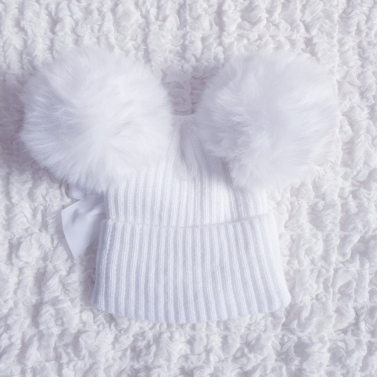 Baby Girls White Double Pom Pom Bow Hat