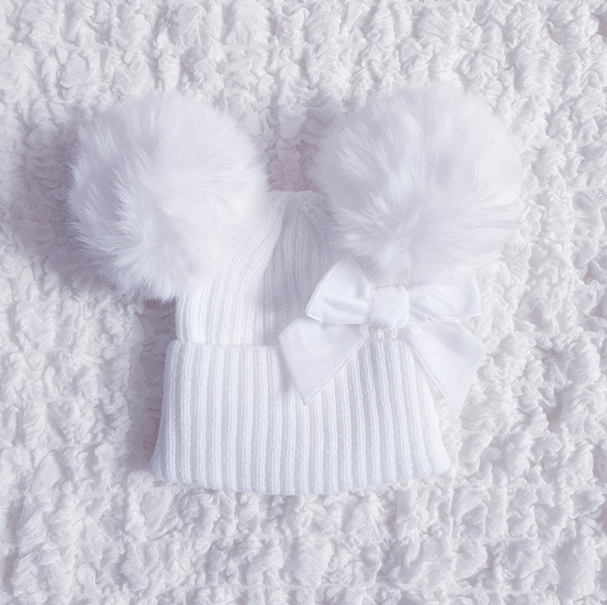 Baby Girls White Double Pom Pom Bow Hat