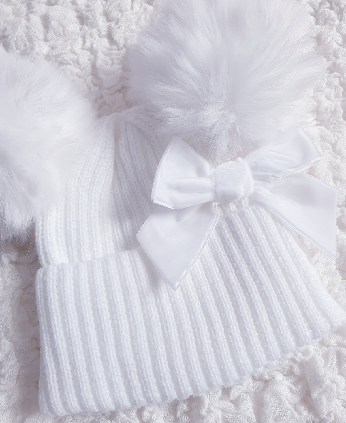 Baby Girls White Double Pom Pom Bow Hat