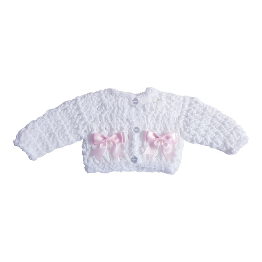 Baby Girls White Pink Bow Hand Knitted Cardigan
