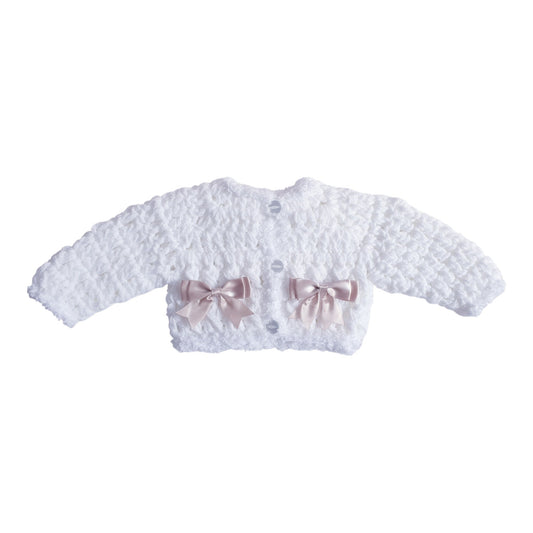 Baby Girls White Beige Bow Hand Knitted Cardigan