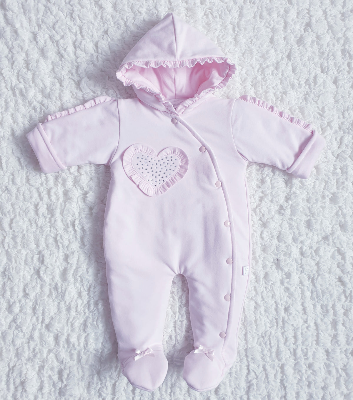Baby Girls Pink Diamante Heart Pramsuit