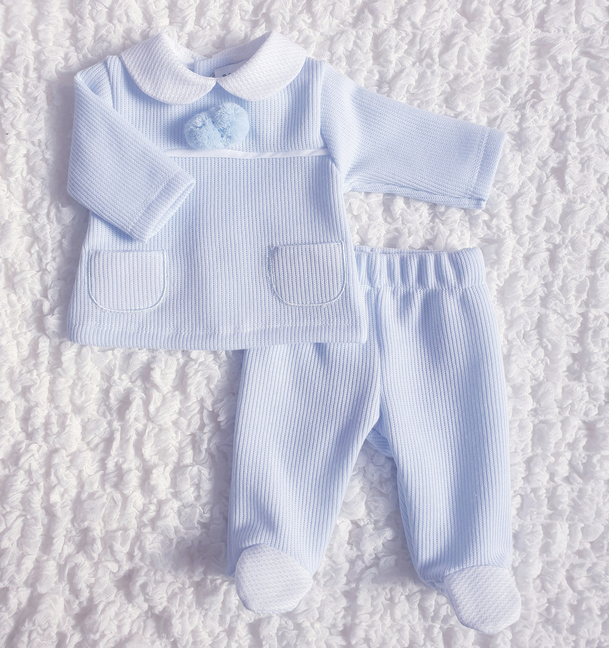 Baby Boys Blue Ribbed Pom Pom Outfit