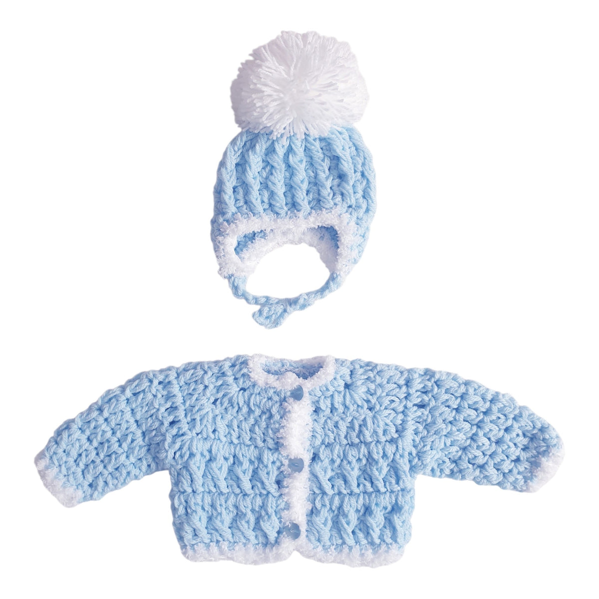 Baby Boys Blue White Hand Knitted Cardigan & Hat Set