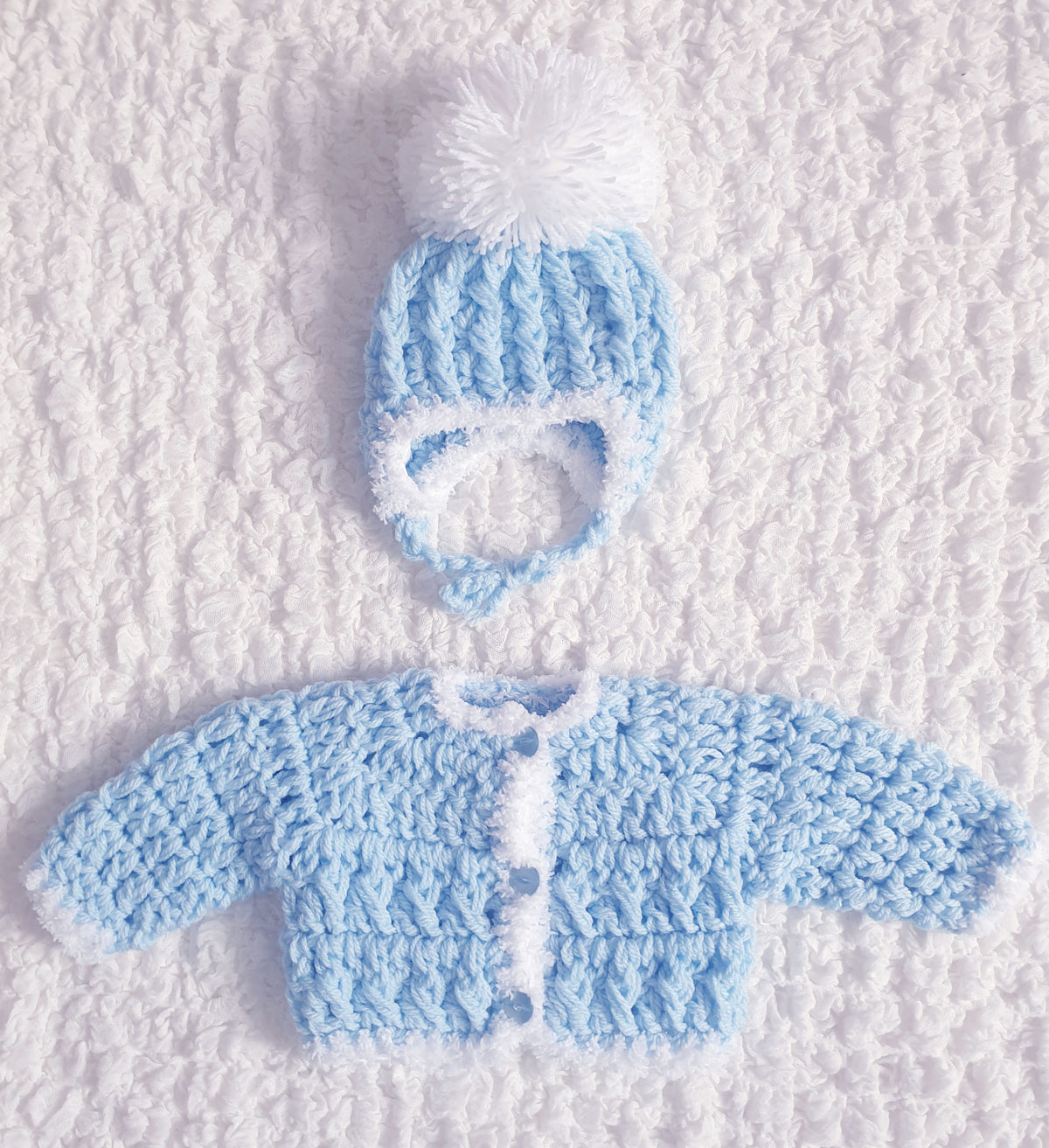 Baby Boys Blue White Hand Knitted Cardigan & Hat Set