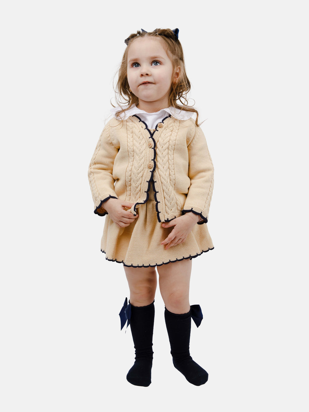 Girls Spanish Beige/Navy Knitted Skirt Romper & Cardigan Set