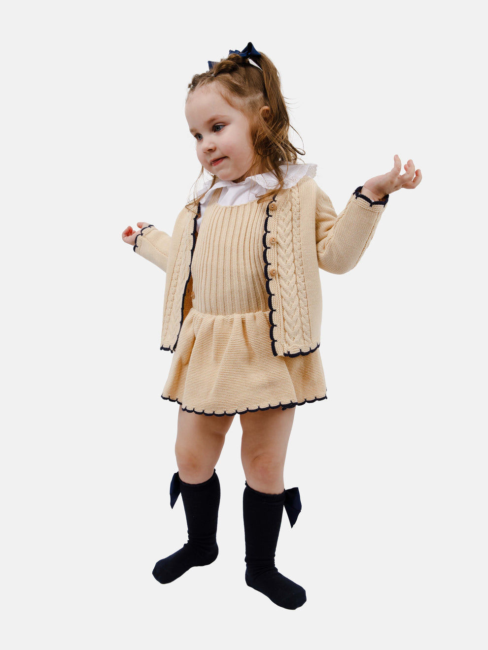 Girls Spanish Beige/Navy Knitted Skirt Romper & Cardigan Set