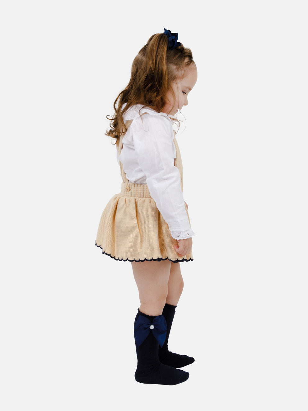 Girls Spanish Beige/Navy Knitted Skirt Romper & Cardigan Set