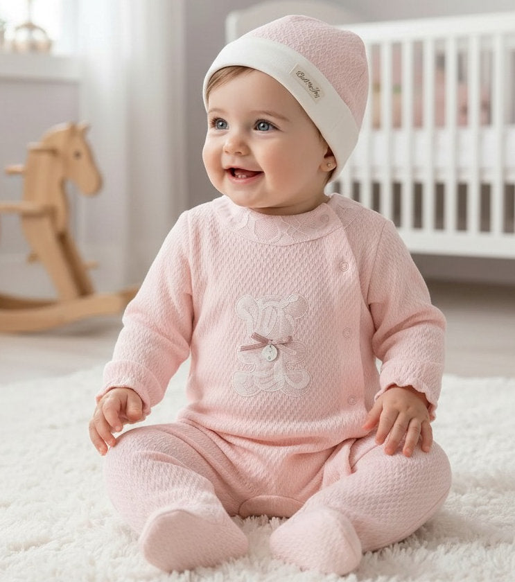 Baby Girls Pink Lace Teddy Babygrow & Hat