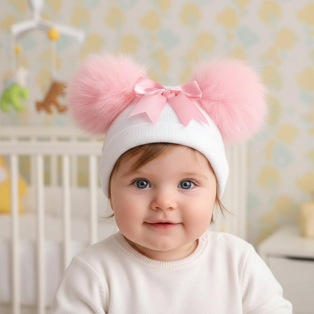 Baby Girls Pink Bow Double Pom Pom Hat