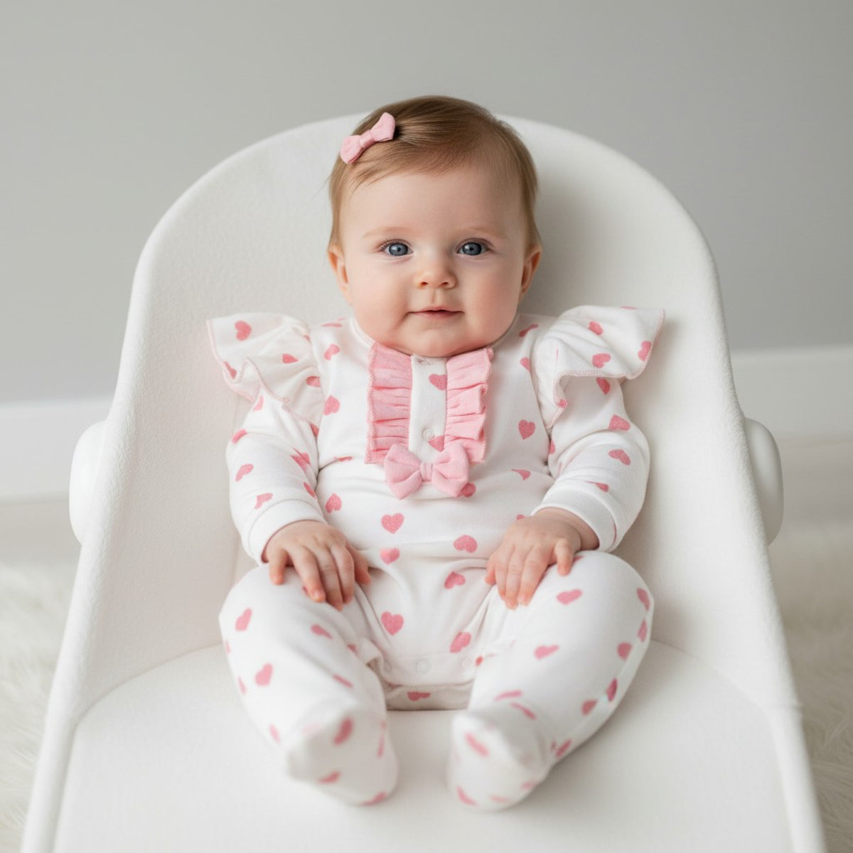 Baby Girls Pink Heart Velour Babygrow