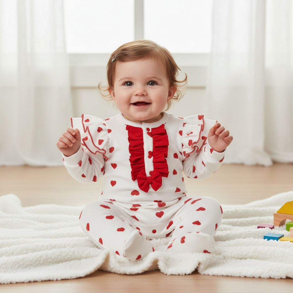 Baby Girls Red Heart Velour Babygrow