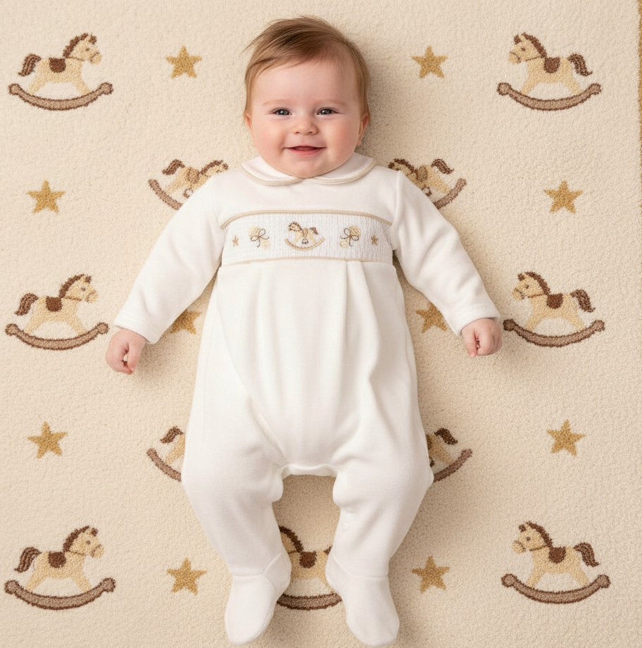 White Velour Rocking Horse Babygrow