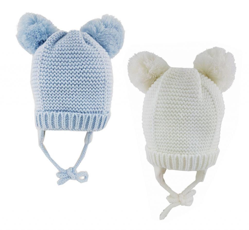 Baby Knitted Double Pom Pom Hat Cream/Blue