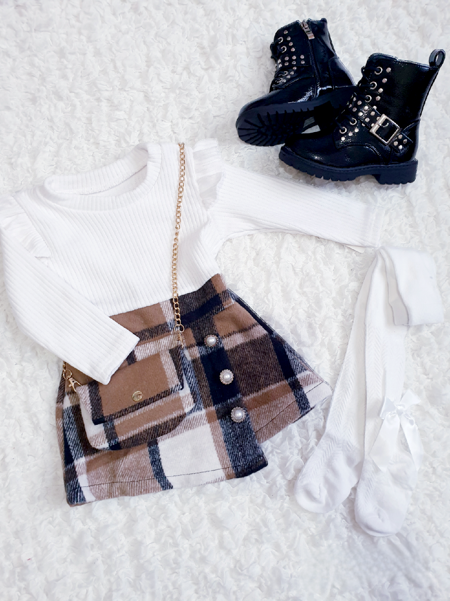 Girls Plaid Skirt Dress & Bag