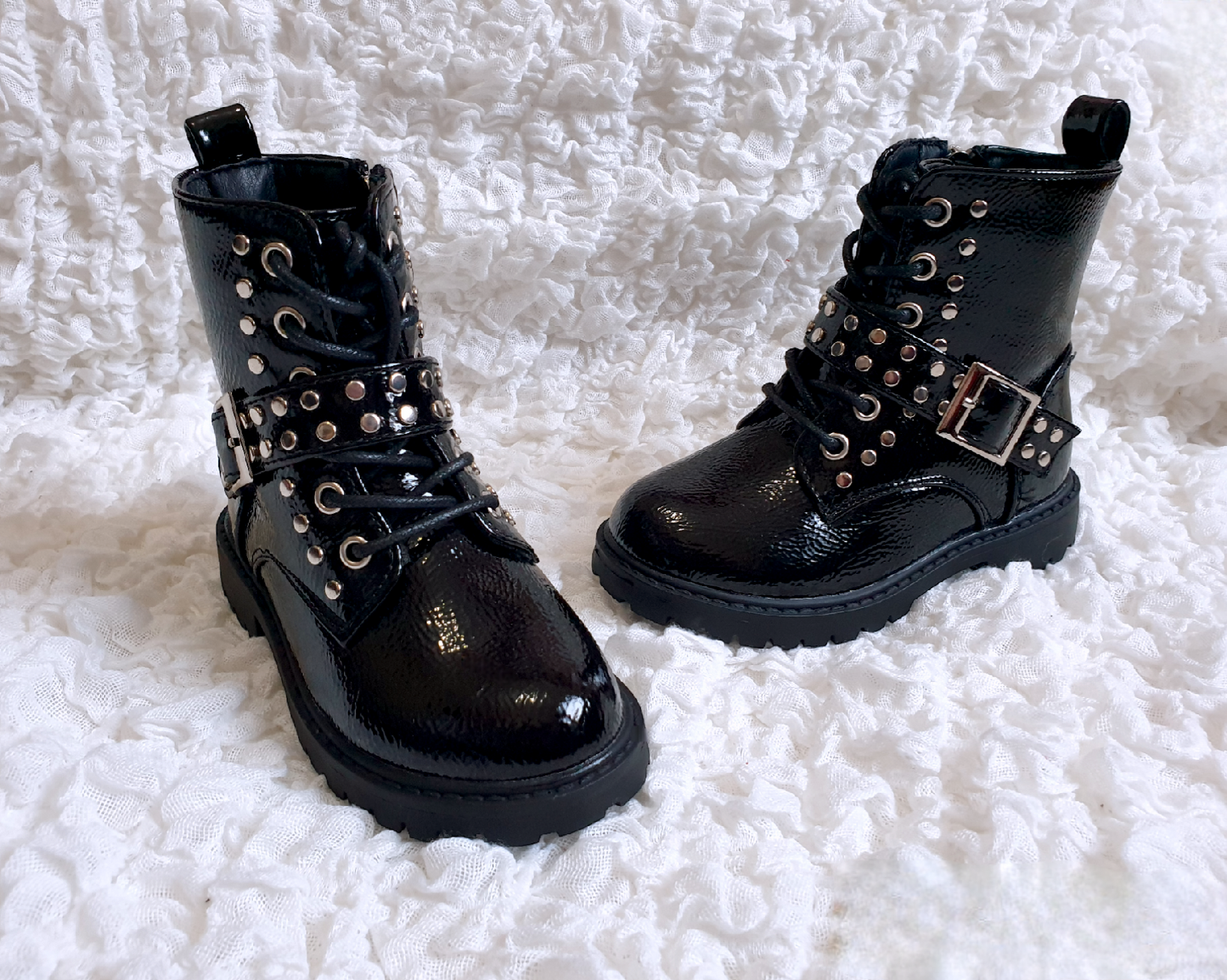 Girls Black Patent Lace Up Ankle Boots